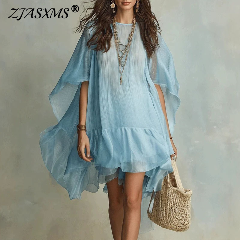 Summer Vacation Clothing Women - Gaun Mini Solid A-Line Wanita Lengan