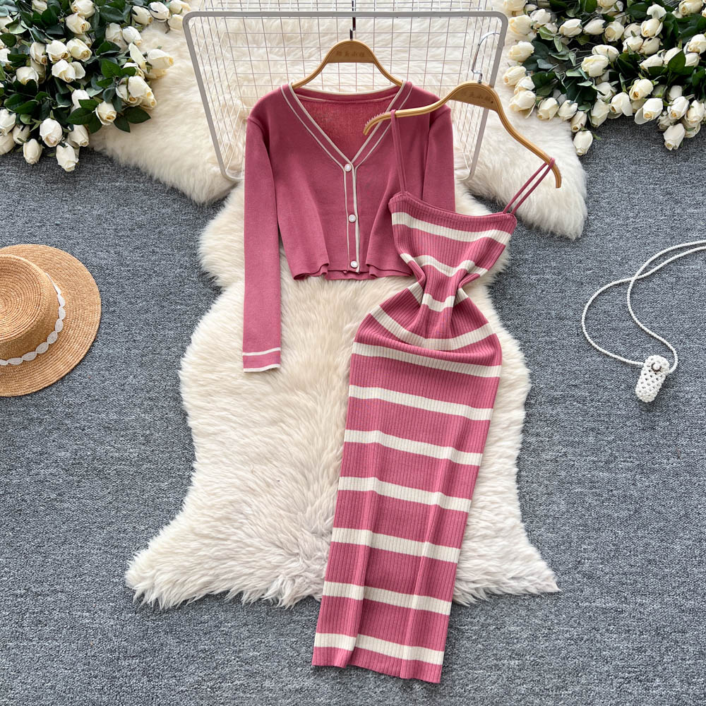 Summer Vacation Clothing Women - Gaun Ramping Rajut Bergaris Dasar Seksi