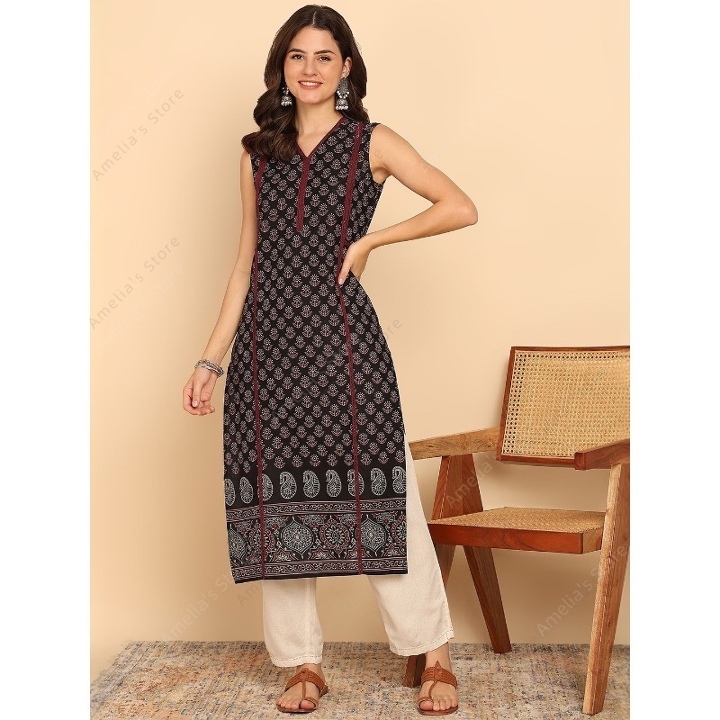 Summer Clothing Pakistan - Atasan tunik kurta katun hitam hijau